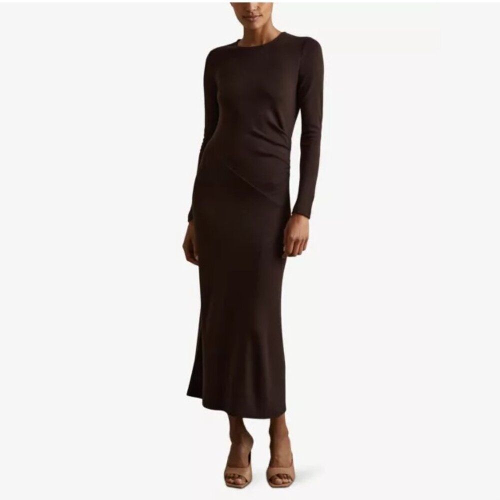 Reiss Sloane 100% Wool Ruched Knit Maxi Dress Brown Small Minimalist